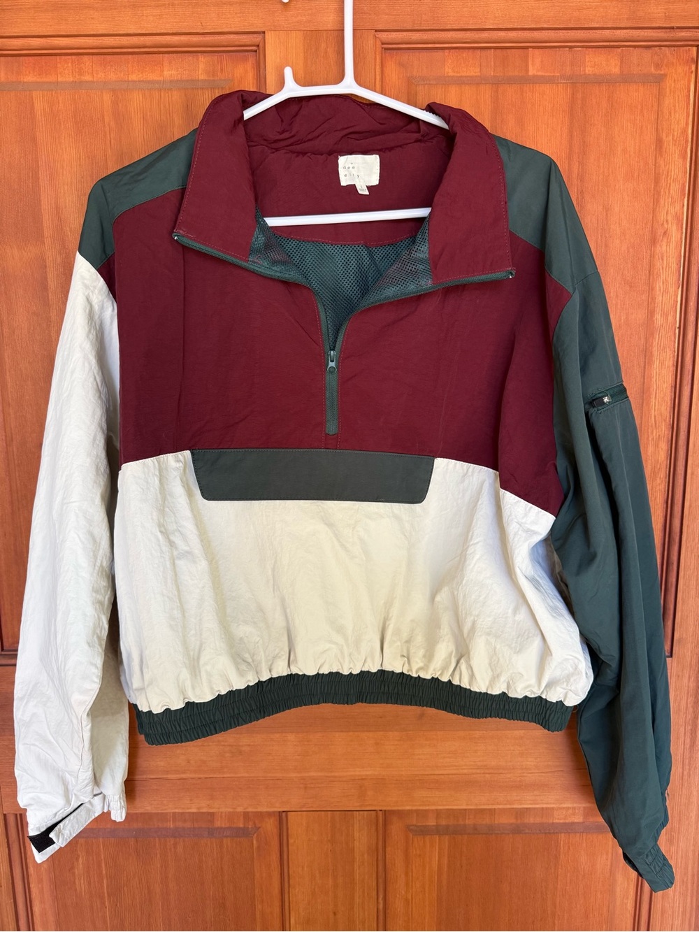Dee Elly Colorblock Half-Zip Wind Breaker Jacket Burgundy Forest Green Cream